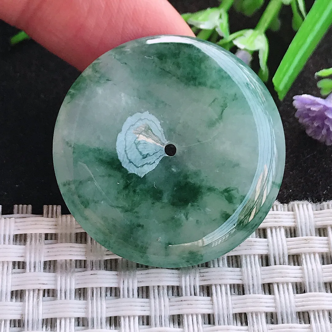 天然A货翡翠31.4/5.2老坑精美冰润飘花平安扣吊坠翡翠挂件