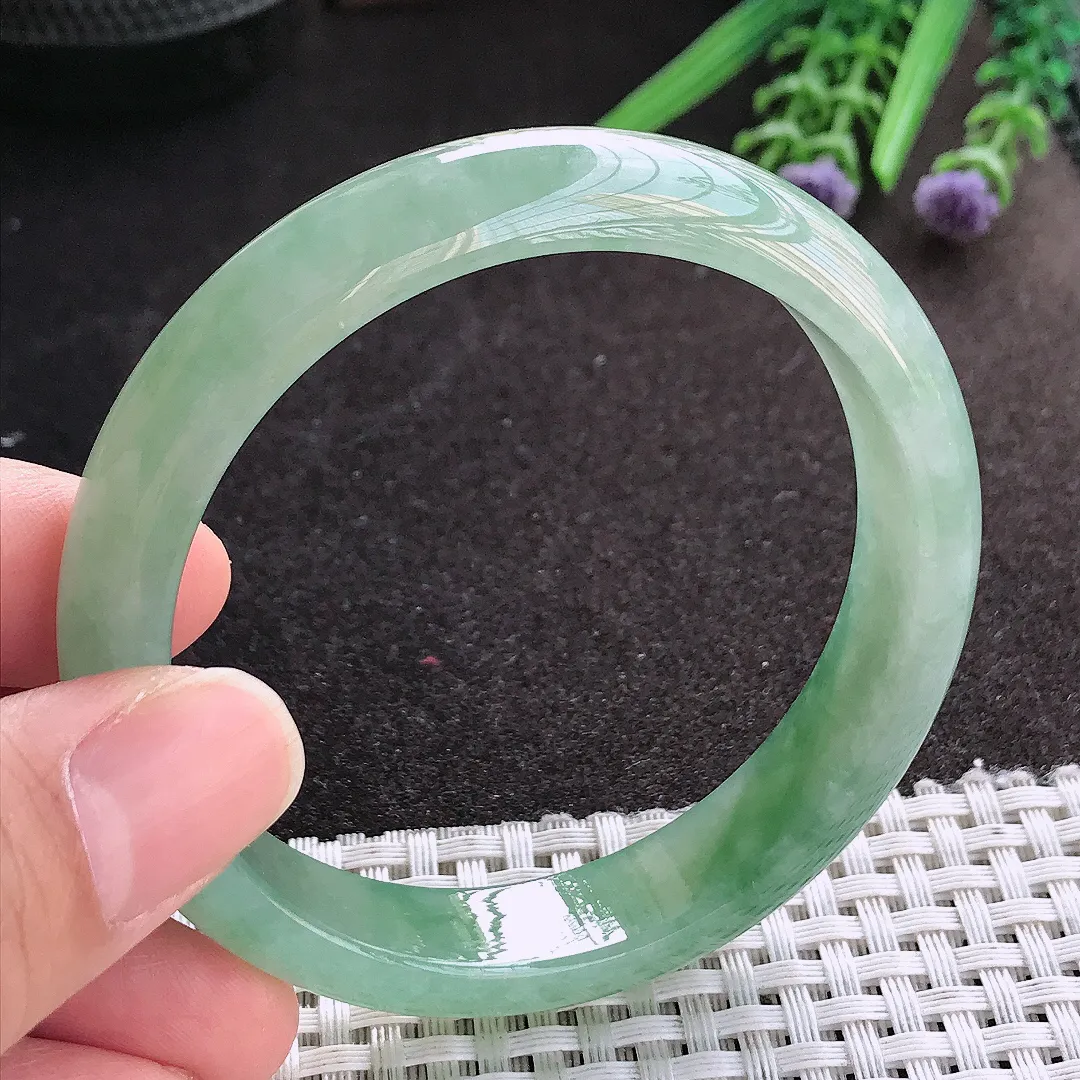 天然A货翡翠57/12.5/7.3老坑冰胶果冻冰晴满绿手镯宽边玉镯手环