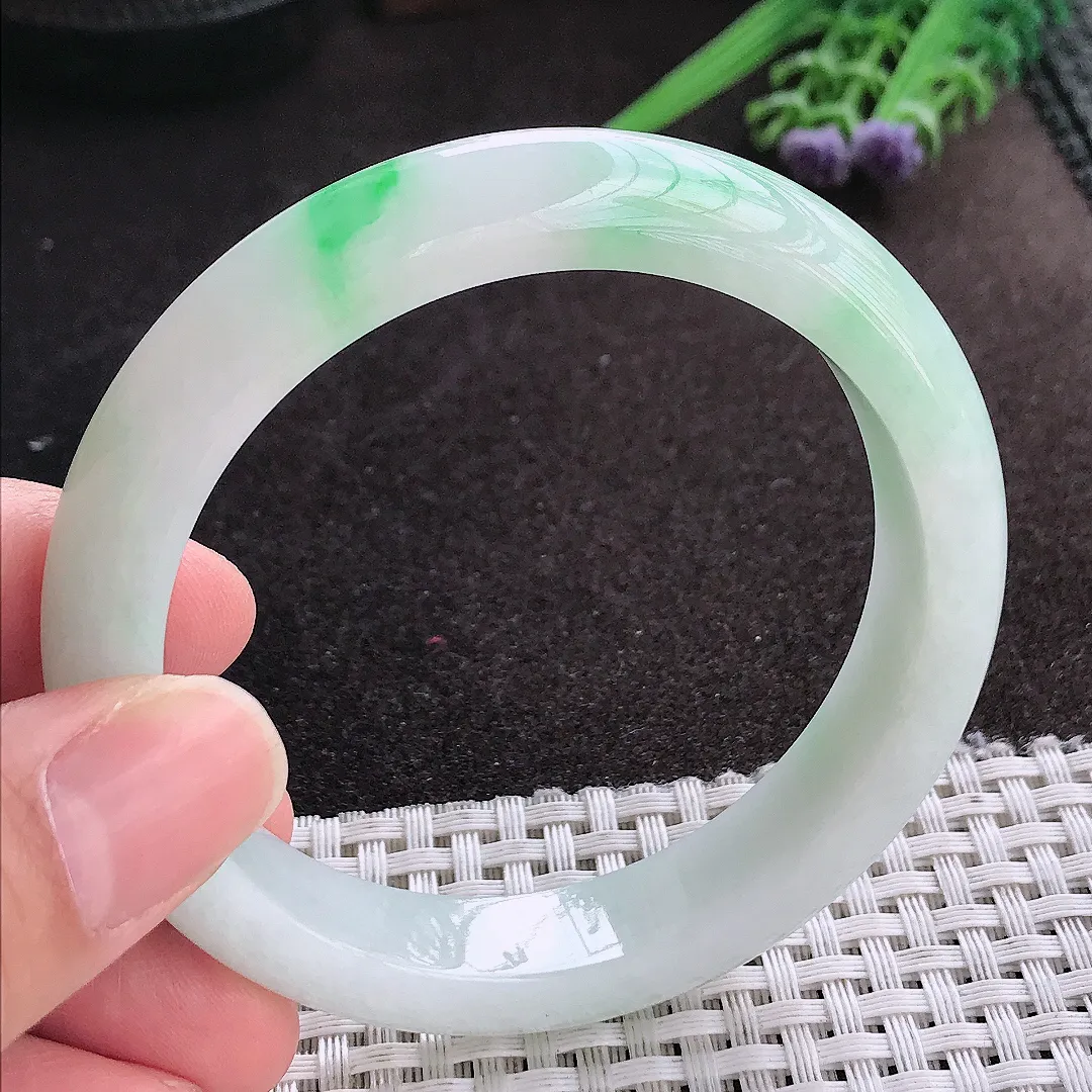 天然A货翡翠56.5/12.1/8.6老坑冰润水灵飘阳绿手镯宽边玉镯手环