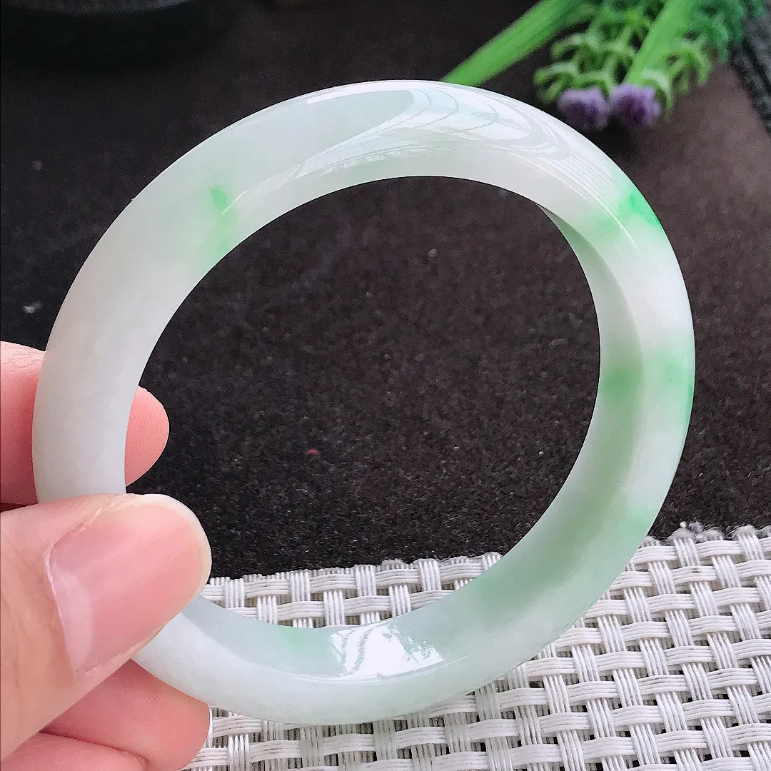 天然A货翡翠56.5/12.1/8.6老坑冰润水灵飘阳绿手镯宽边玉镯手环