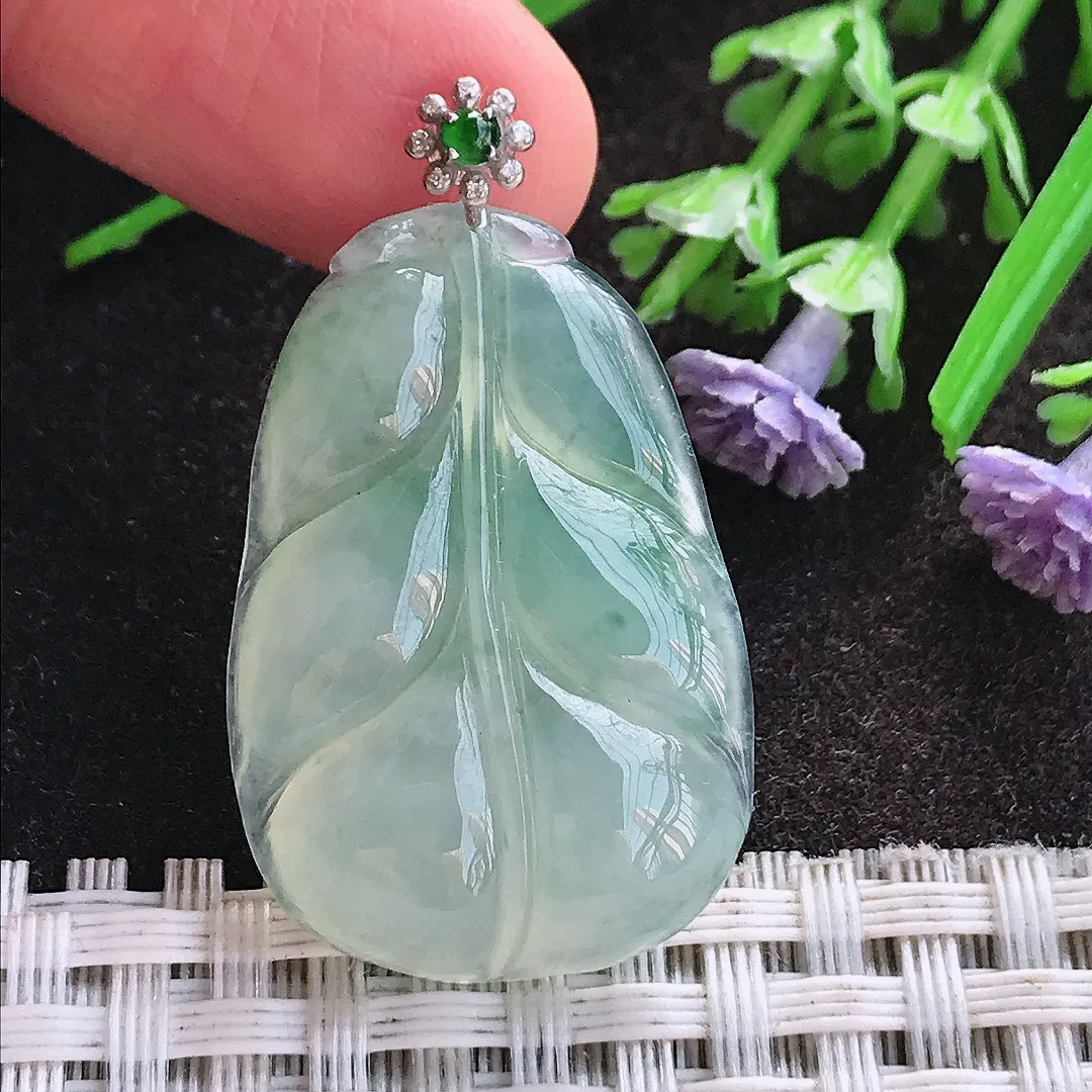 天然A货翡翠32/21.6/7老坑18k金镶嵌冰种飘花叶子吊坠翡翠挂件
