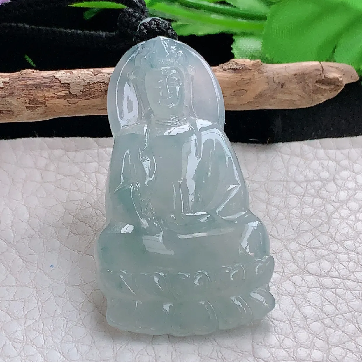 yl实拍54.8*30.8*5.8缅甸天然翡翠精雕冰紫底正庄观音玉吊坠 持瓶观音玉挂件