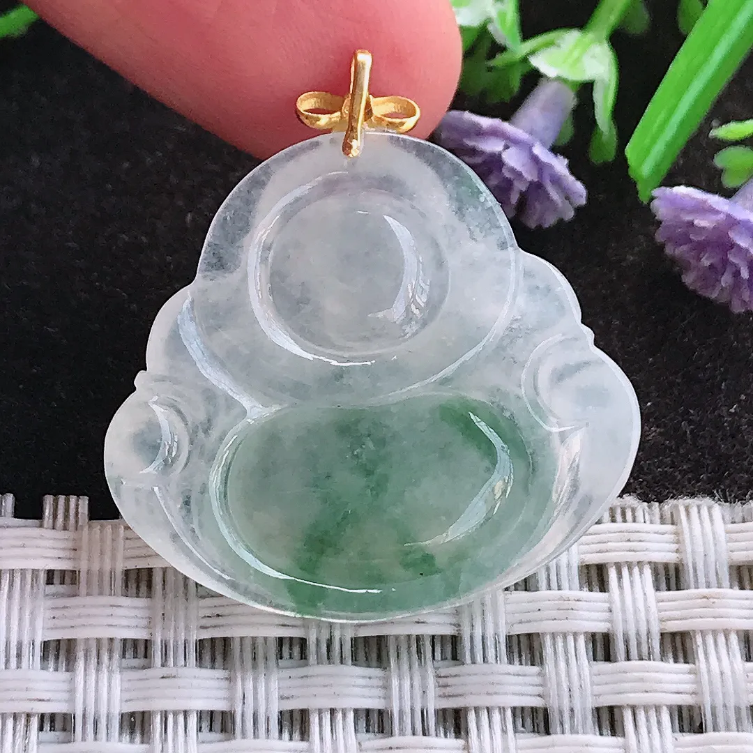 天然A货翡翠26/28.5/5.1老坑18k金镶嵌冰透起胶飘花佛公吊坠翡翠挂件