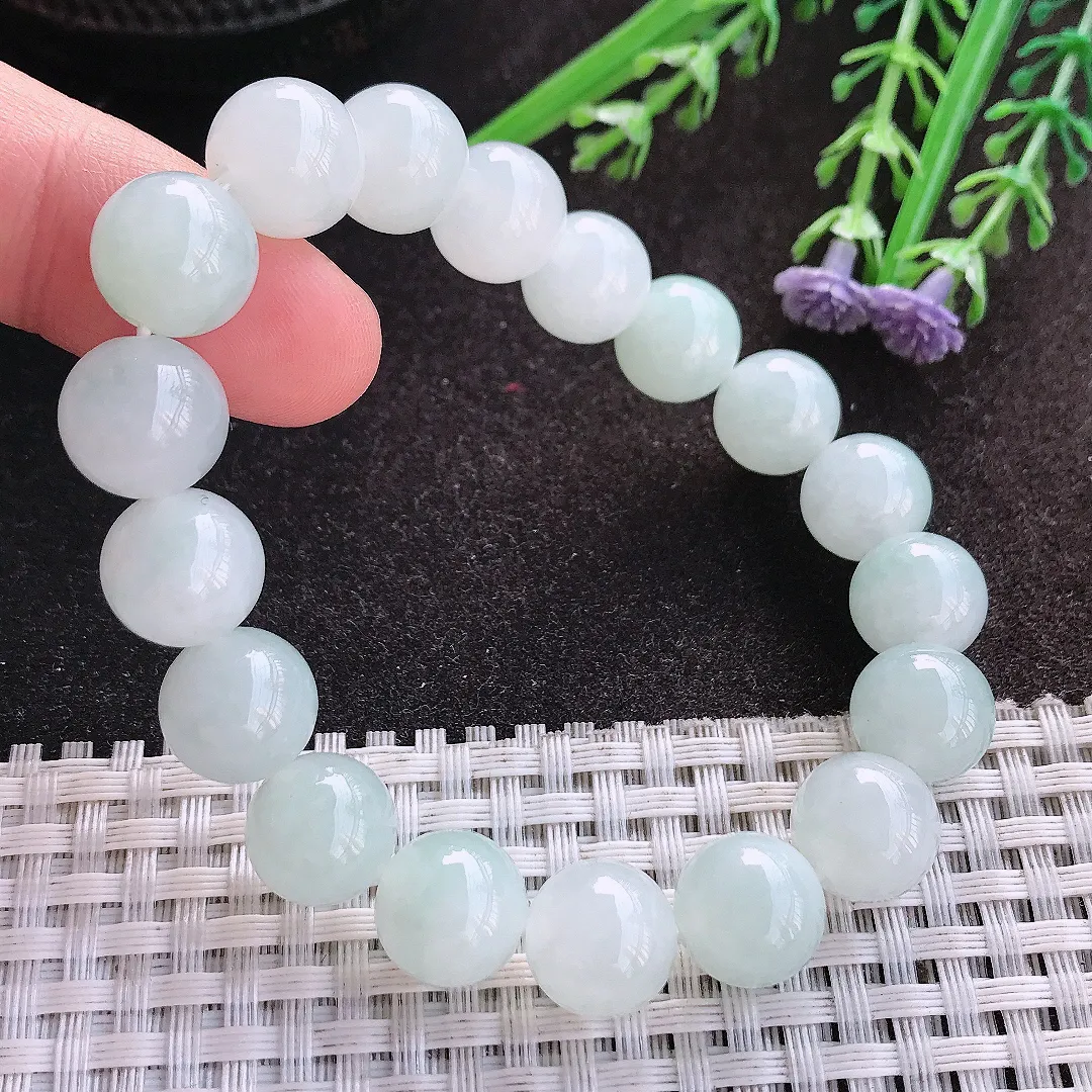 天然A货翡翠11/18颗老坑秀气冰润乳白色圆珠手链玉珠珠串