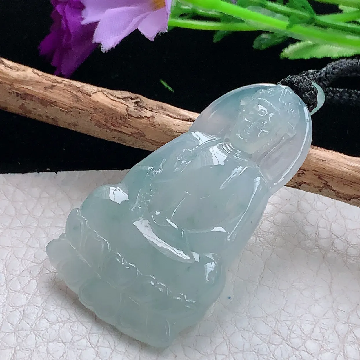 yl实拍54.8*30.8*5.8缅甸天然翡翠精雕冰紫底正庄观音玉吊坠 持瓶观音玉挂件