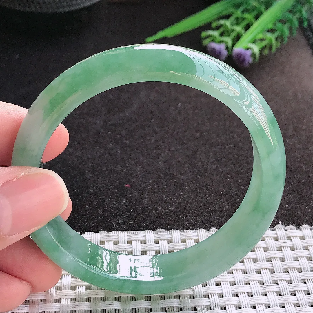 天然A货翡翠56.5/13.2/7.2老坑冰胶果冻满绿手镯宽边玉镯手环