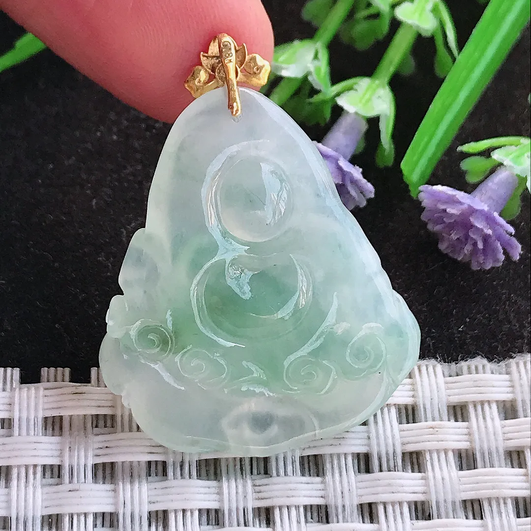 天然A货翡翠29.3/25.7/6.8老坑18k金镶嵌冰种果冻胶冰飘花招财童子吊坠翡翠挂件