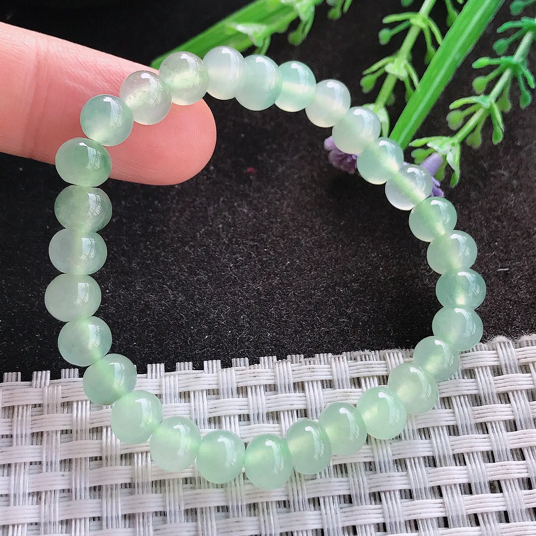 天然A货翡翠7.3/29颗老坑冰种冰透冰晴绿玉珠手串手链女款