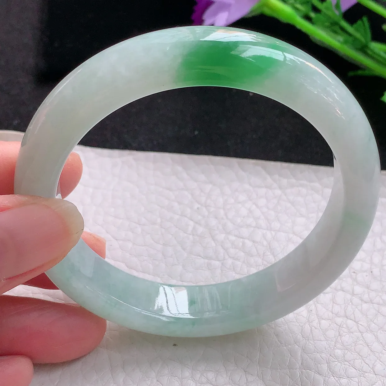 yh自然光58*13*8.5平安镯 翡翠玉手镯冰飘绿花宽边玉手环 美人镯