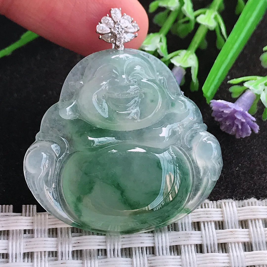 天然A货翡翠32/34.4/5.8老坑18k金镶嵌冰胶水灵冰飘花佛公吊坠翡翠玉佛挂件