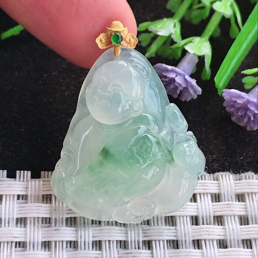 天然A货翡翠29.3/25.7/6.8老坑18k金镶嵌冰种果冻胶冰飘花招财童子吊坠翡翠挂件
