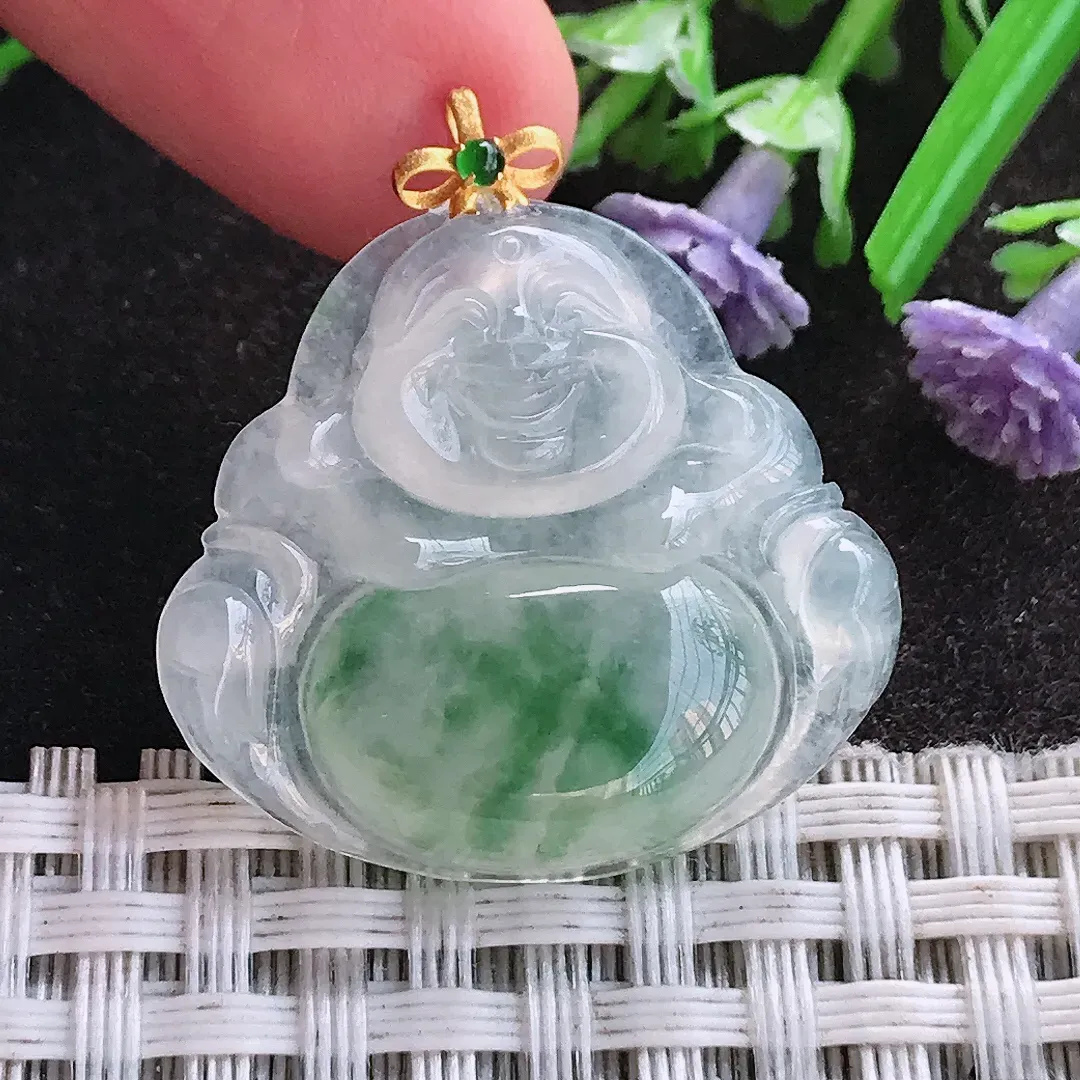 天然A货翡翠26/28.5/5.1老坑18k金镶嵌冰透起胶飘花佛公吊坠翡翠挂件