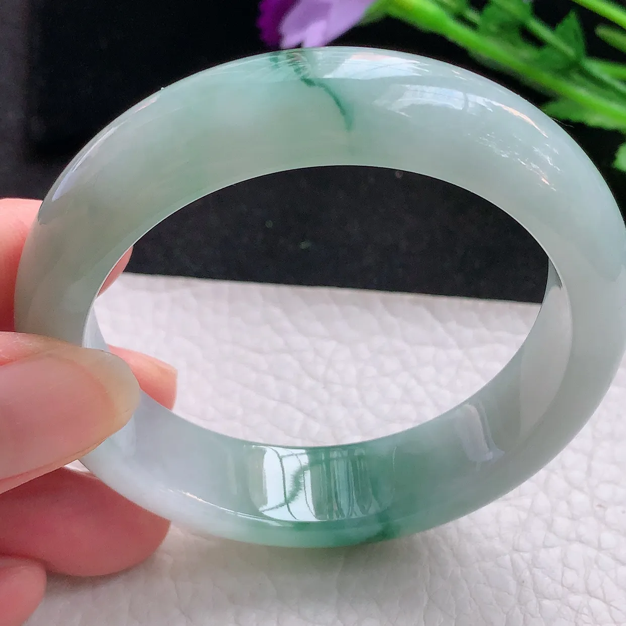 jm自然光53*14*8.3平安镯 缅甸翡翠A货冰飘花宽边玉手镯玉手环