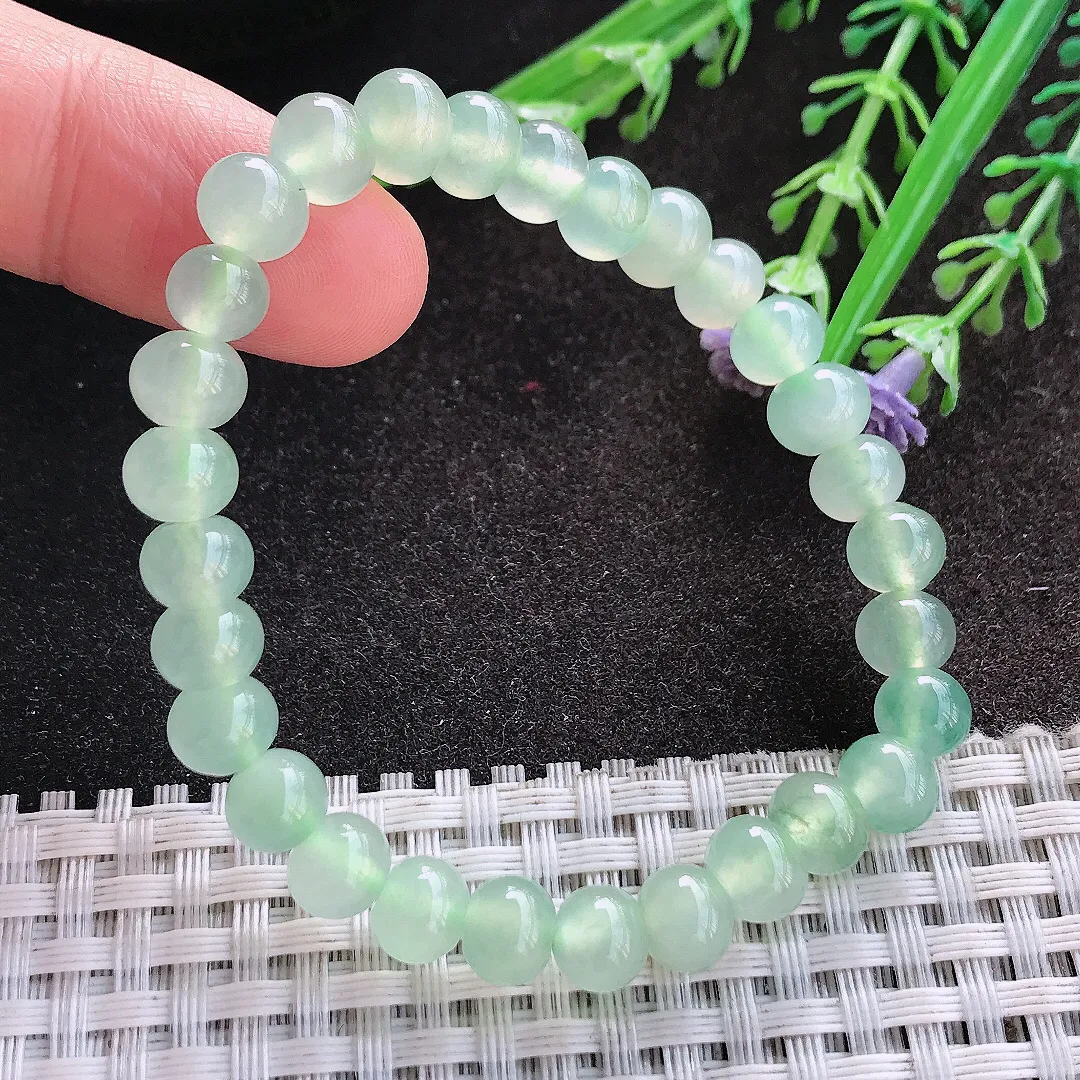 天然A货翡翠7.3/29颗老坑冰种冰透冰晴绿玉珠手串手链女款