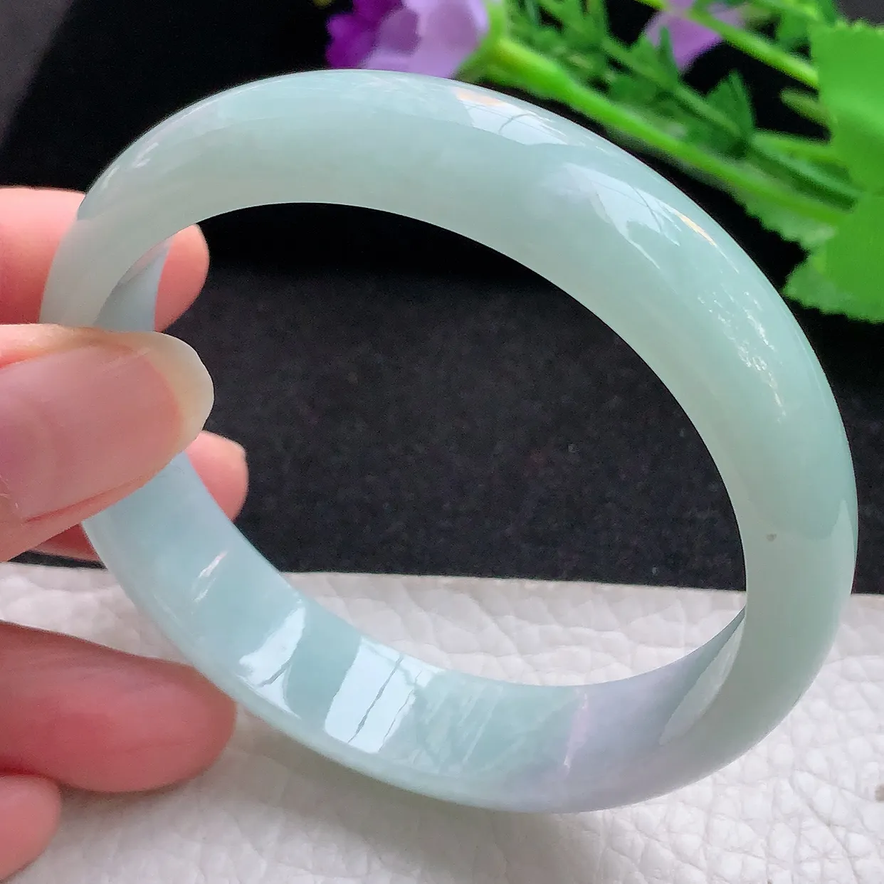 nr自然光59*14.2*7平安镯 缅甸翡翠A货玉手镯晴底飘紫宽边玉手环