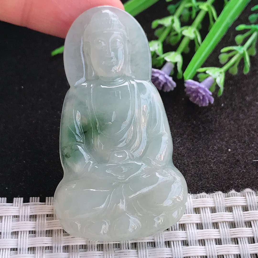 天然A货翡翠58.7/33.3/6老坑秀气冰润飘花大日如来佛吊坠翡翠挂件