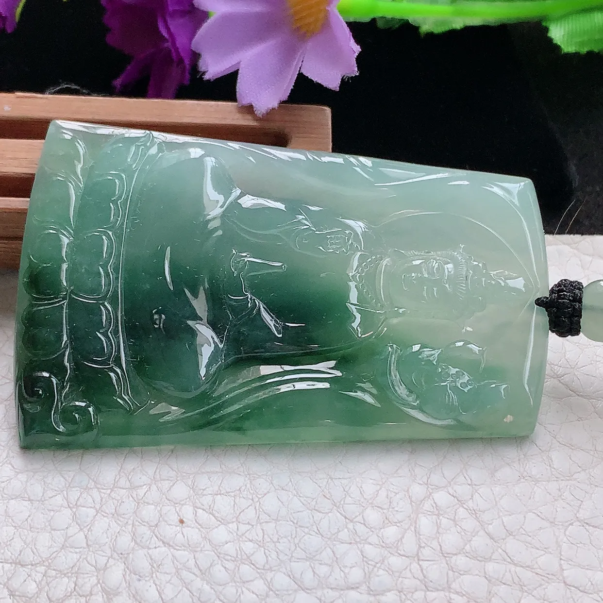 yl实拍68.5*43.6*5缅甸天然翡翠精雕冰飘花持瓶观音 净瓶观意玉吊坠