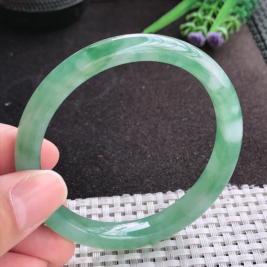 天然A货翡翠59/9.3/7.8老坑冰胶水灵冰晴满绿手镯宽边玉镯手环