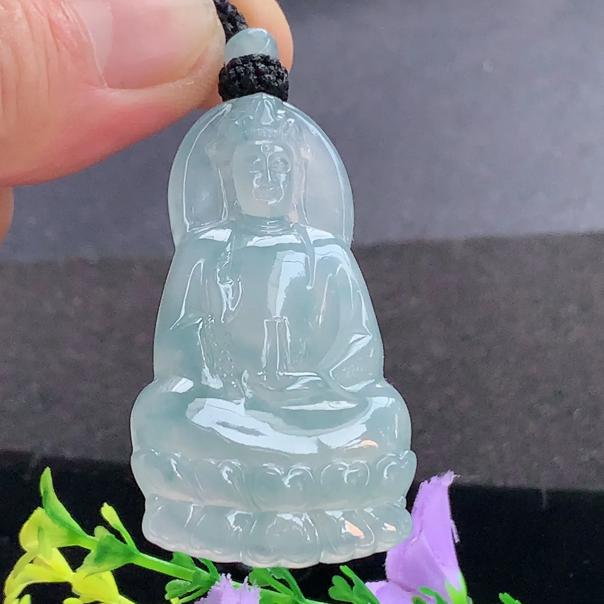 yl实拍54.8*30.8*5.8缅甸天然翡翠精雕冰紫底正庄观音玉吊坠 持瓶观音玉挂件