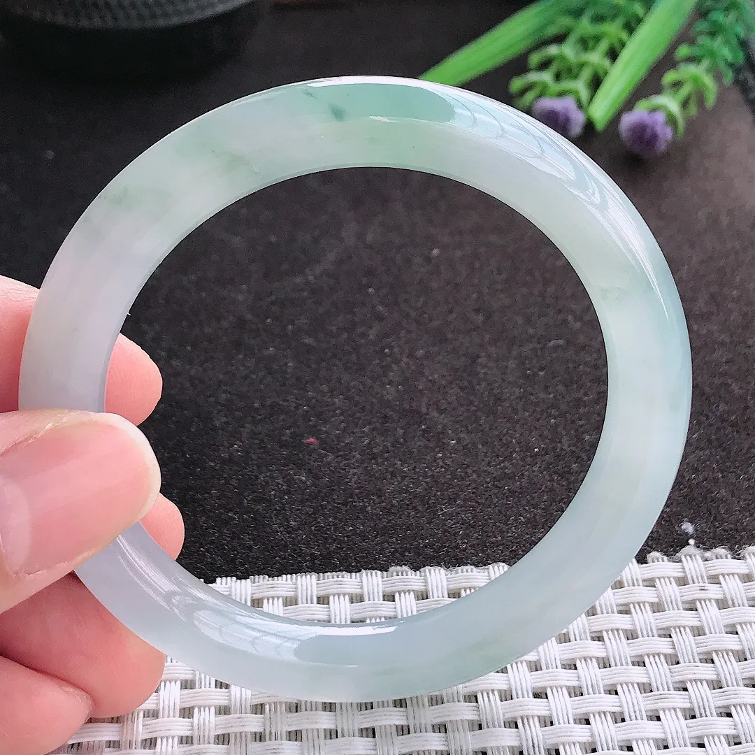 天然A货翡翠55/8.8/9.3老坑冰胶果冻冰飘花圆条手镯翡翠玉镯手环