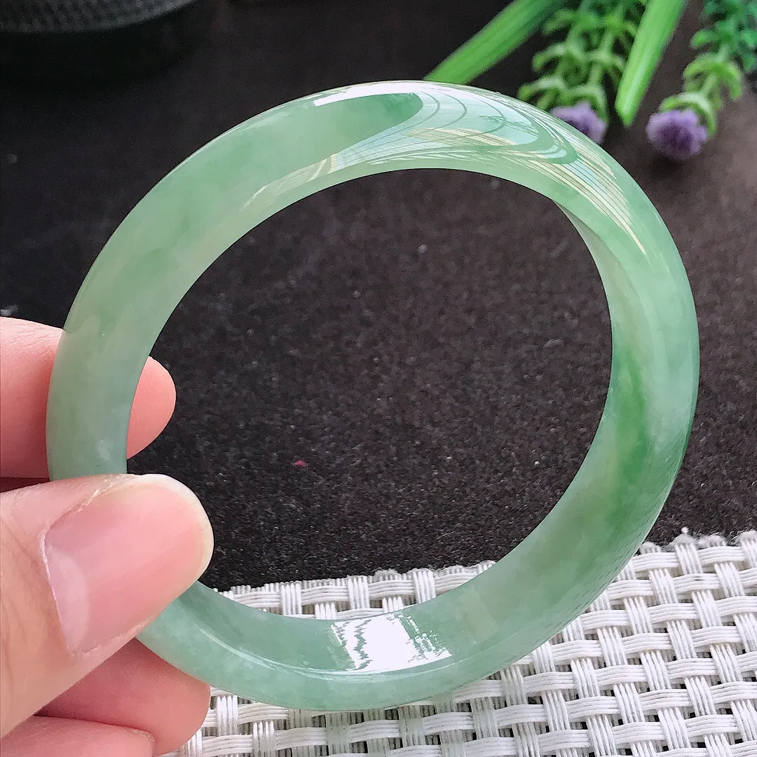 天然A货翡翠57/12.5/7.3老坑冰胶果冻冰晴满绿手镯宽边玉镯手环