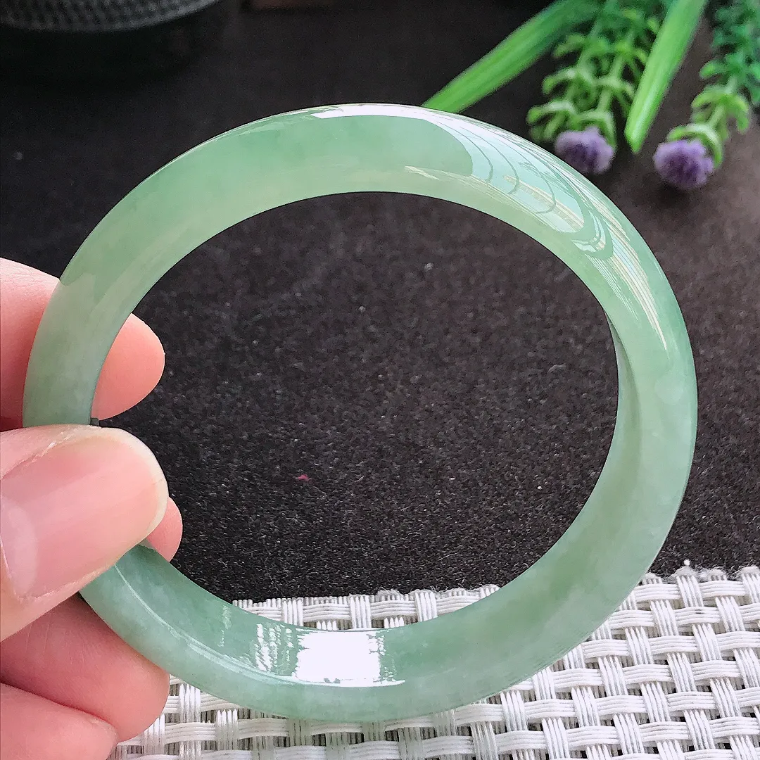 天然A货翡翠57/12.5/7.3老坑冰胶果冻冰晴满绿手镯宽边玉镯手环