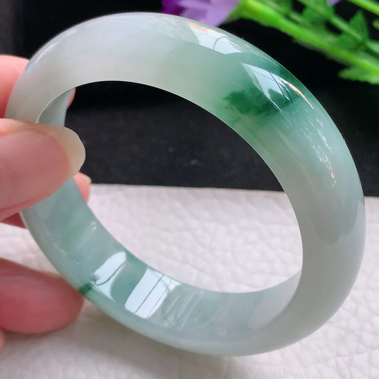 jm自然光53*14*8.3平安镯 缅甸翡翠A货冰飘花宽边玉手镯玉手环