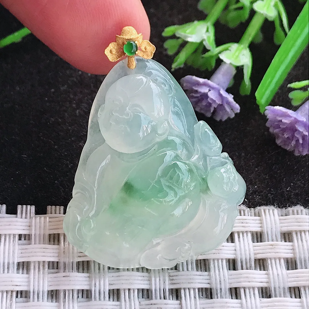 天然A货翡翠29.3/25.7/6.8老坑18k金镶嵌冰种果冻胶冰飘花招财童子吊坠翡翠挂件