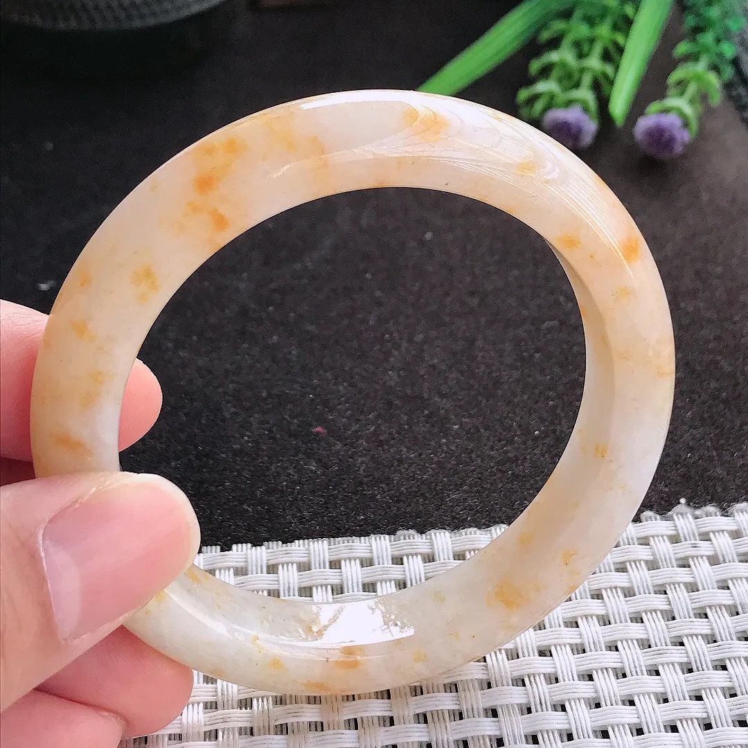 天然A货翡翠55/11.8/8.8老坑精美冰润特色洒金黄翡手镯宽边玉镯手环