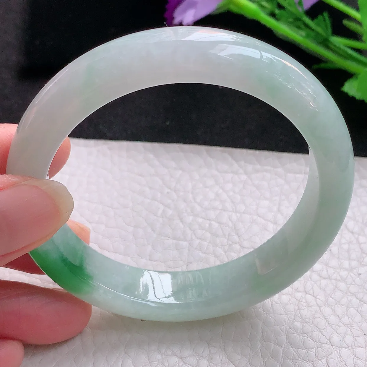 yh自然光58*13*8.5平安镯 翡翠玉手镯冰飘绿花宽边玉手环 美人镯