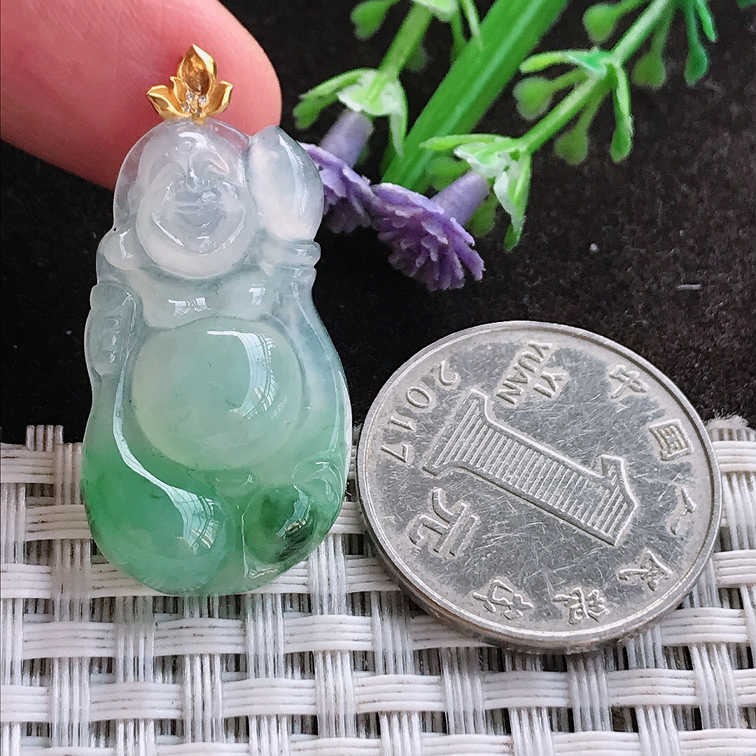 天然A货翡翠31.2/17.8/5.8老坑18k金镶嵌冰阳绿佛公吊坠翡翠布袋佛挂件