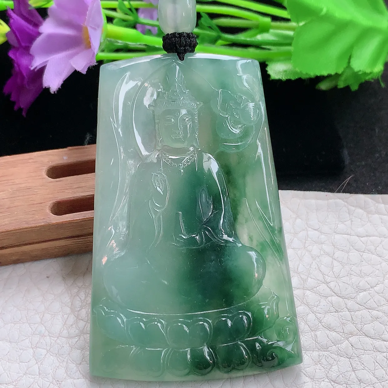 yl实拍68.5*43.6*5缅甸天然翡翠精雕冰飘花持瓶观音 净瓶观意玉吊坠