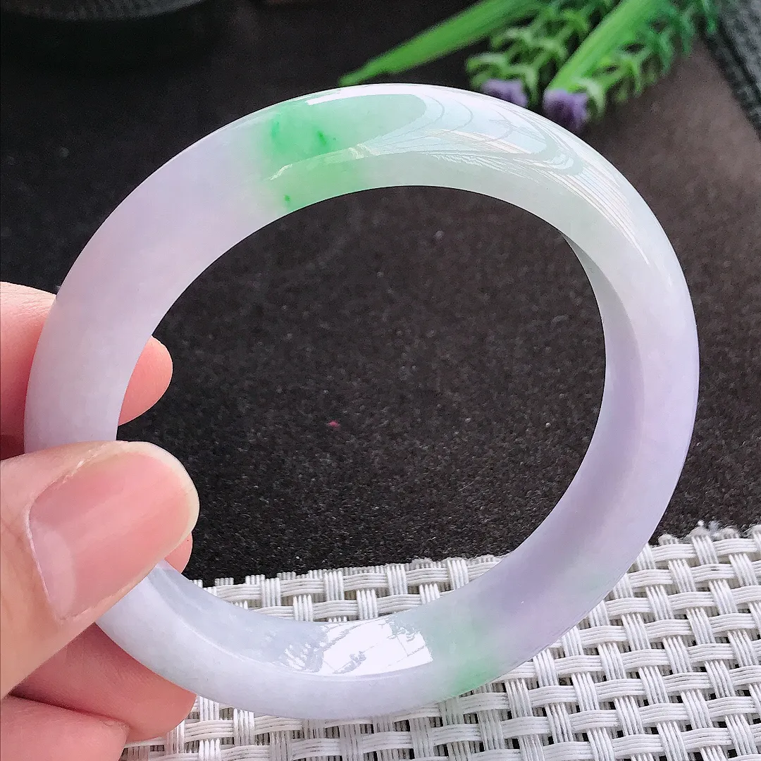 天然A货翡翠58/12/9老坑精美温润春带彩手镯紫罗兰宽边玉镯手环