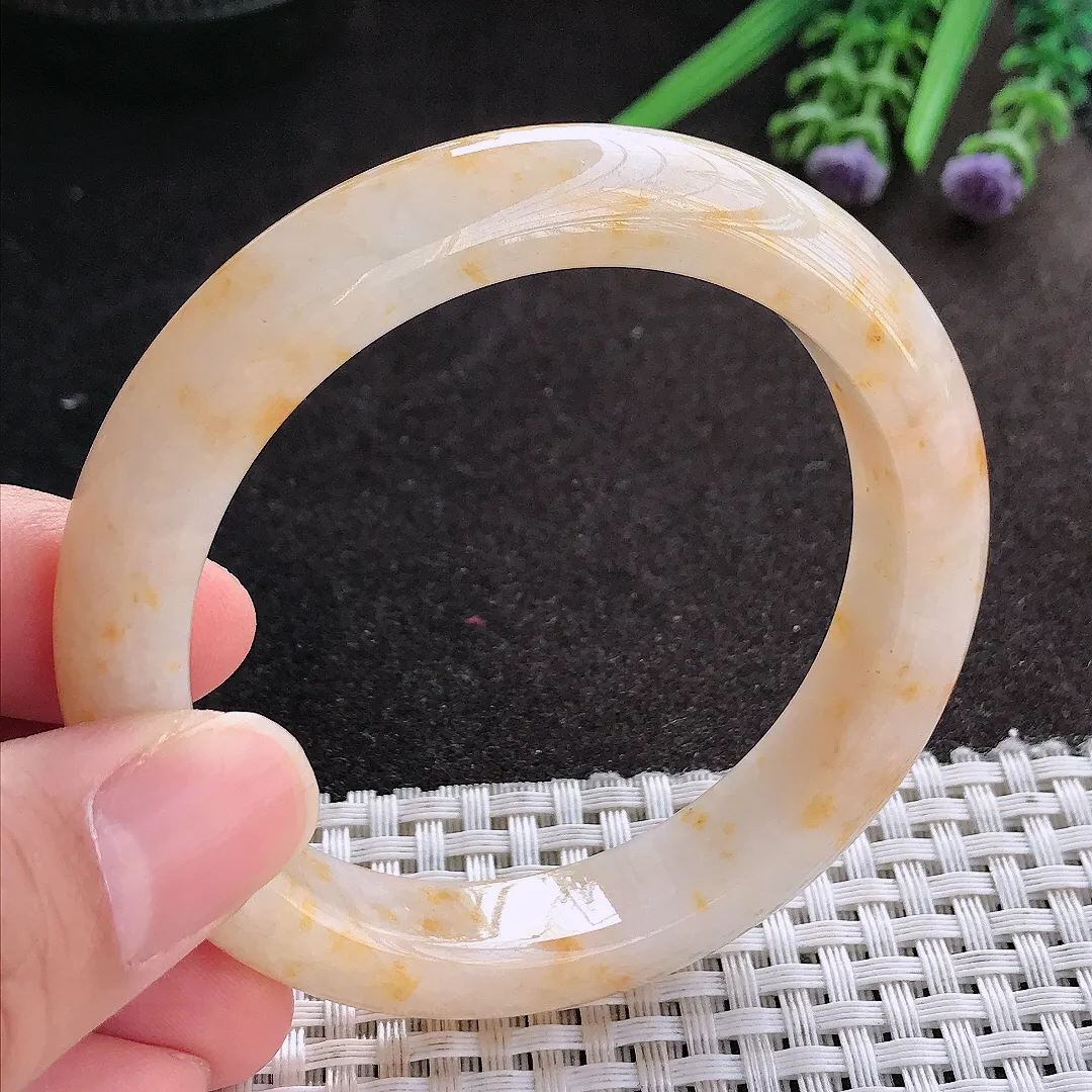 天然A货翡翠55/11.8/8.8老坑精美冰润特色洒金黄翡手镯宽边玉镯手环