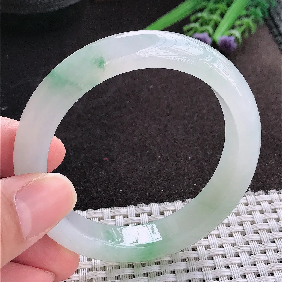 天然A货翡翠54.8/12.1/8.7老坑冰纯果冻胶冰飘花手镯宽边玉镯手环