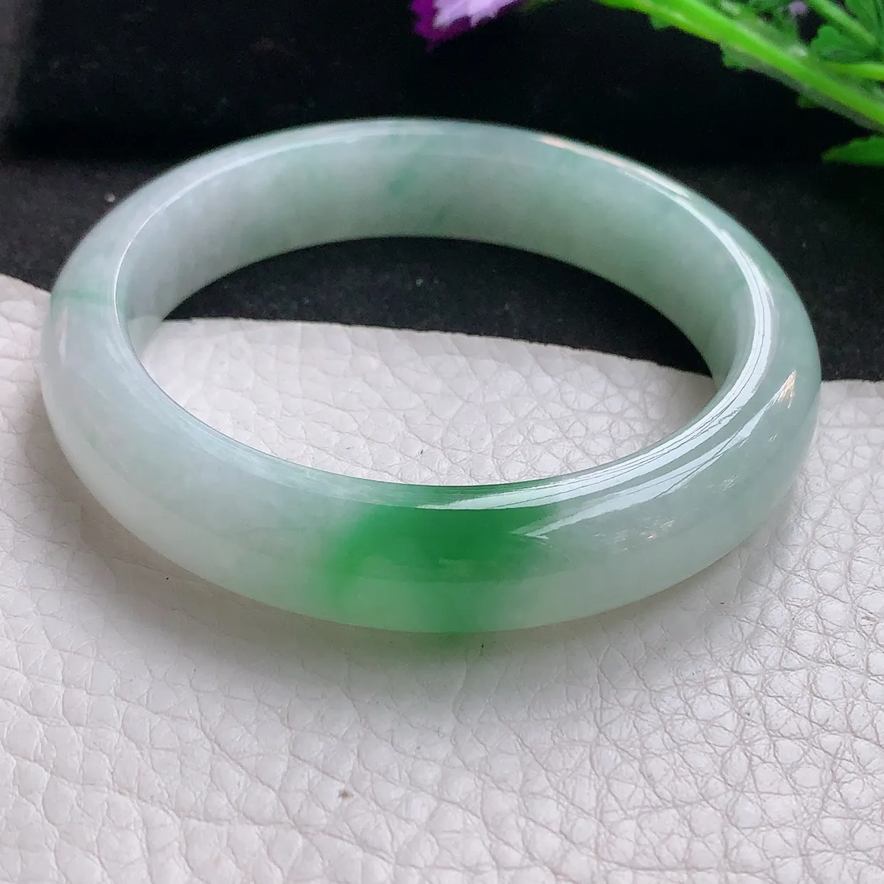 yh自然光58*13*8.5平安镯 翡翠玉手镯冰飘绿花宽边玉手环 美人镯
