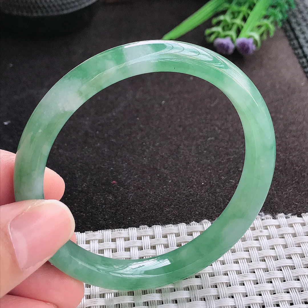 天然A货翡翠59/9.3/7.8老坑冰胶水灵冰晴满绿手镯宽边玉镯手环
