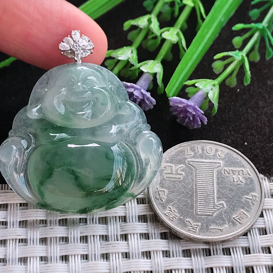 天然A货翡翠32/34.4/5.8老坑18k金镶嵌冰胶水灵冰飘花佛公吊坠翡翠玉佛挂件