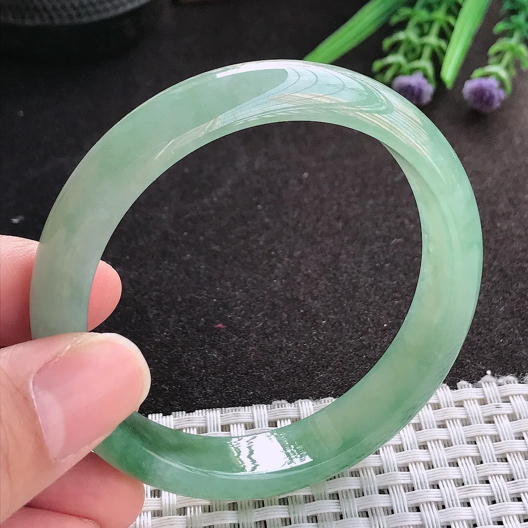 天然A货翡翠57/12.5/7.3老坑冰胶果冻冰晴满绿手镯宽边玉镯手环