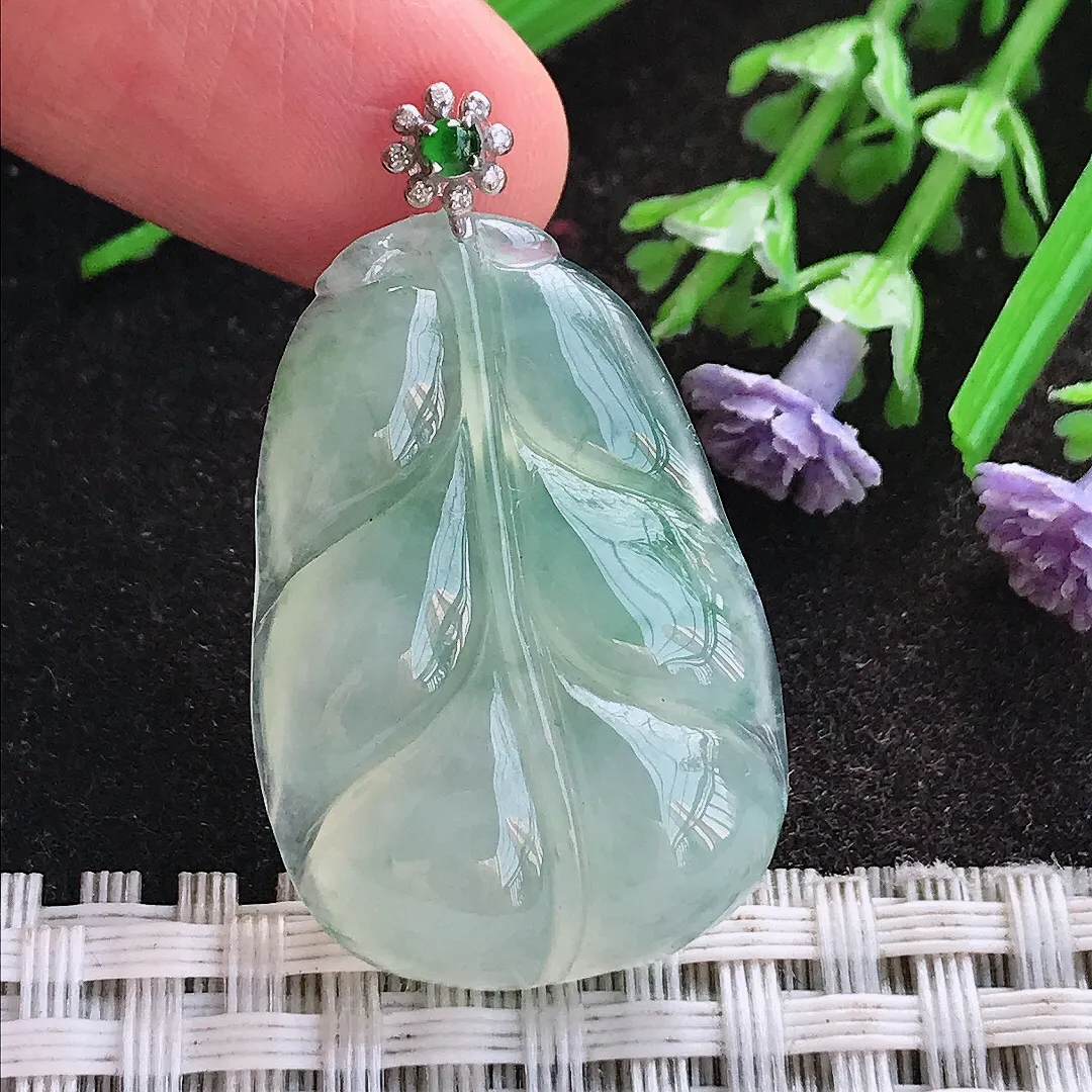 天然A货翡翠32/21.6/7老坑18k金镶嵌冰种飘花叶子吊坠翡翠挂件