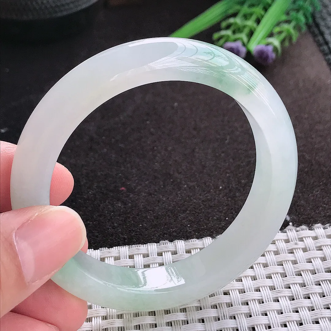 天然A货翡翠54.8/12.1/8.7老坑冰纯果冻胶冰飘花手镯宽边玉镯手环