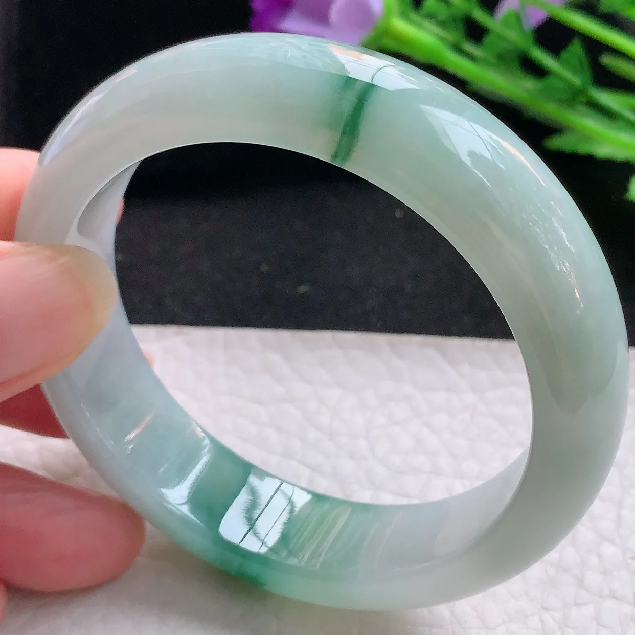 jm自然光53*14*8.3平安镯 缅甸翡翠A货冰飘花宽边玉手镯玉手环