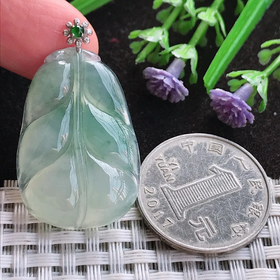 天然A货翡翠32/21.6/7老坑18k金镶嵌冰种飘花叶子吊坠翡翠挂件