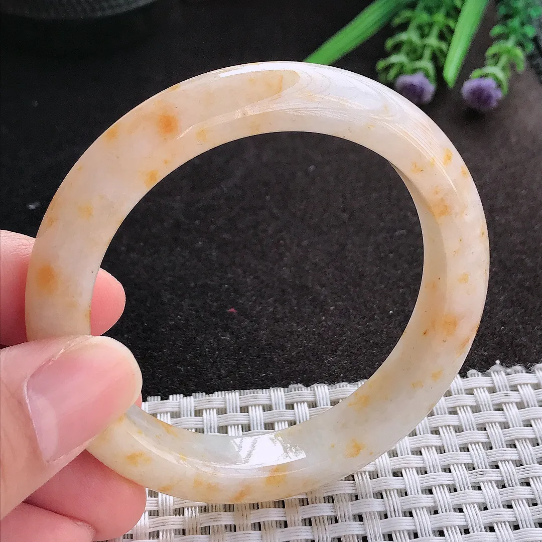 天然A货翡翠55/11.8/8.8老坑精美冰润特色洒金黄翡手镯宽边玉镯手环