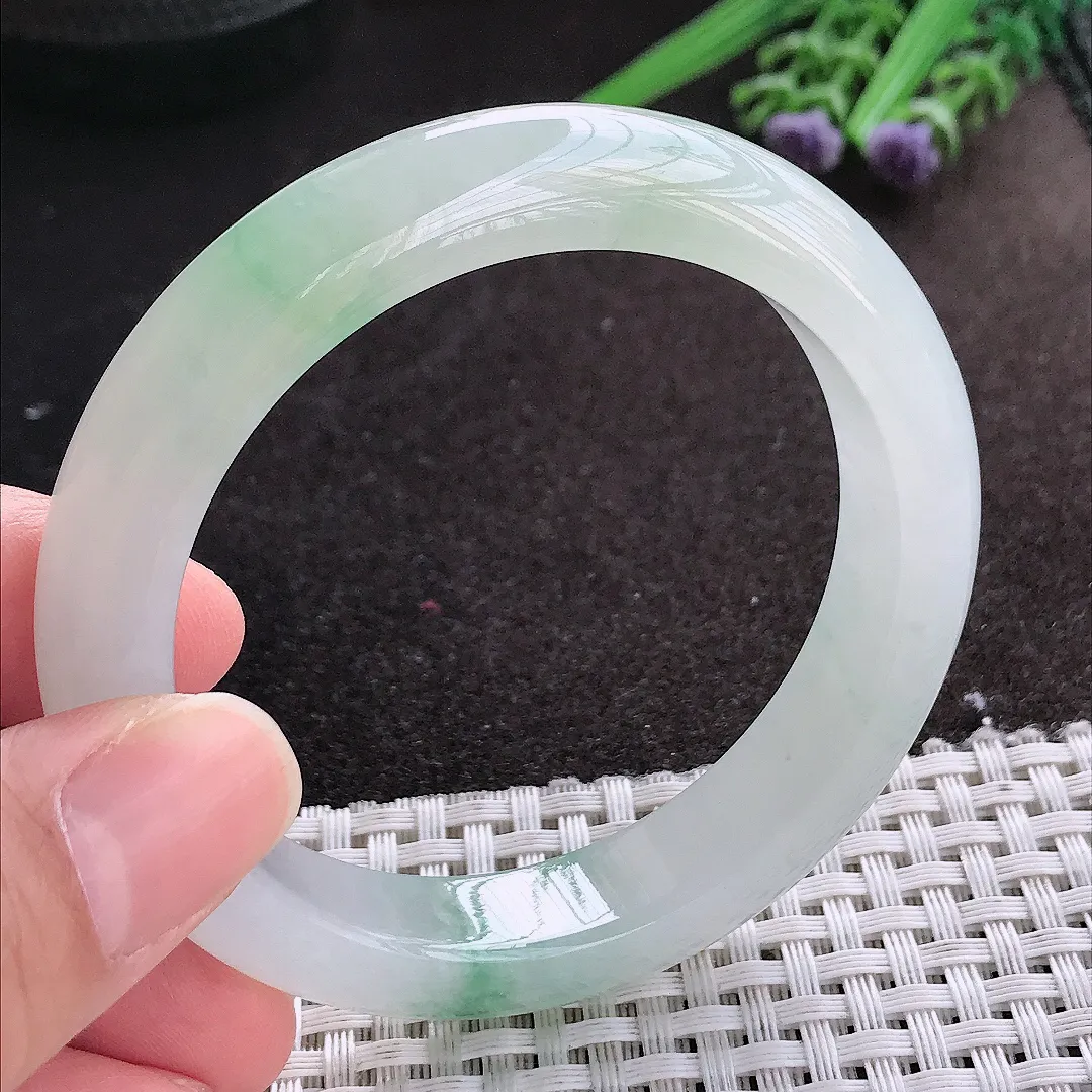 天然A货翡翠54.8/12.1/8.7老坑冰纯果冻胶冰飘花手镯宽边玉镯手环