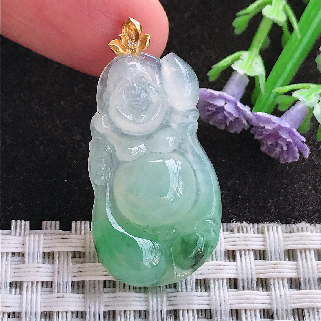 天然A货翡翠31.2/17.8/5.8老坑18k金镶嵌冰阳绿佛公吊坠翡翠布袋佛挂件