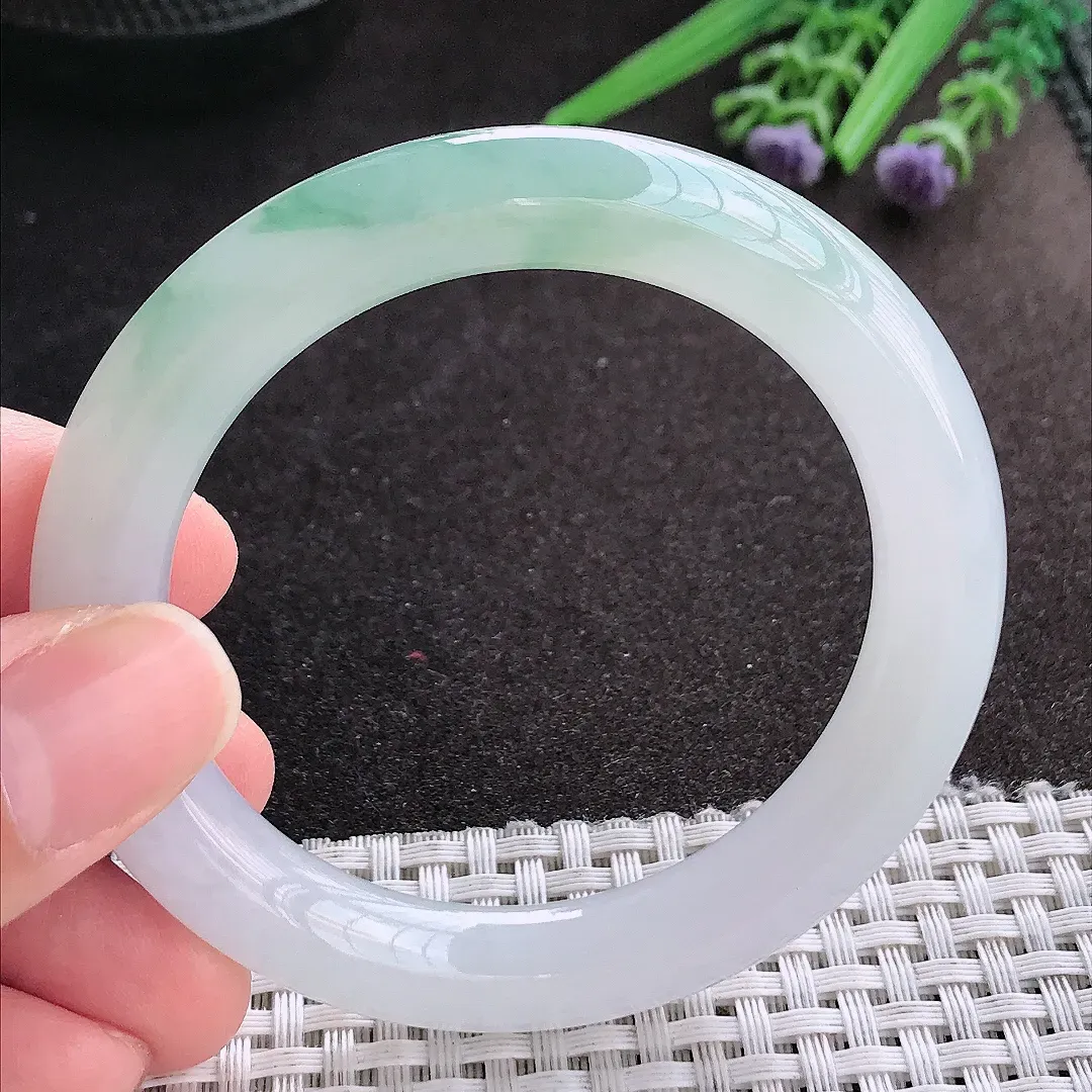 天然A货翡翠53/9.7/9.9老坑冰胶果冻飘花圆条手镯翡翠玉镯手环