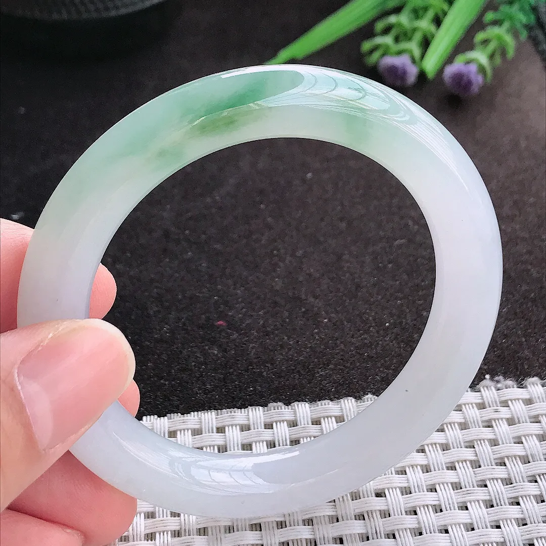天然A货翡翠53/9.7/9.9老坑冰胶果冻飘花圆条手镯翡翠玉镯手环