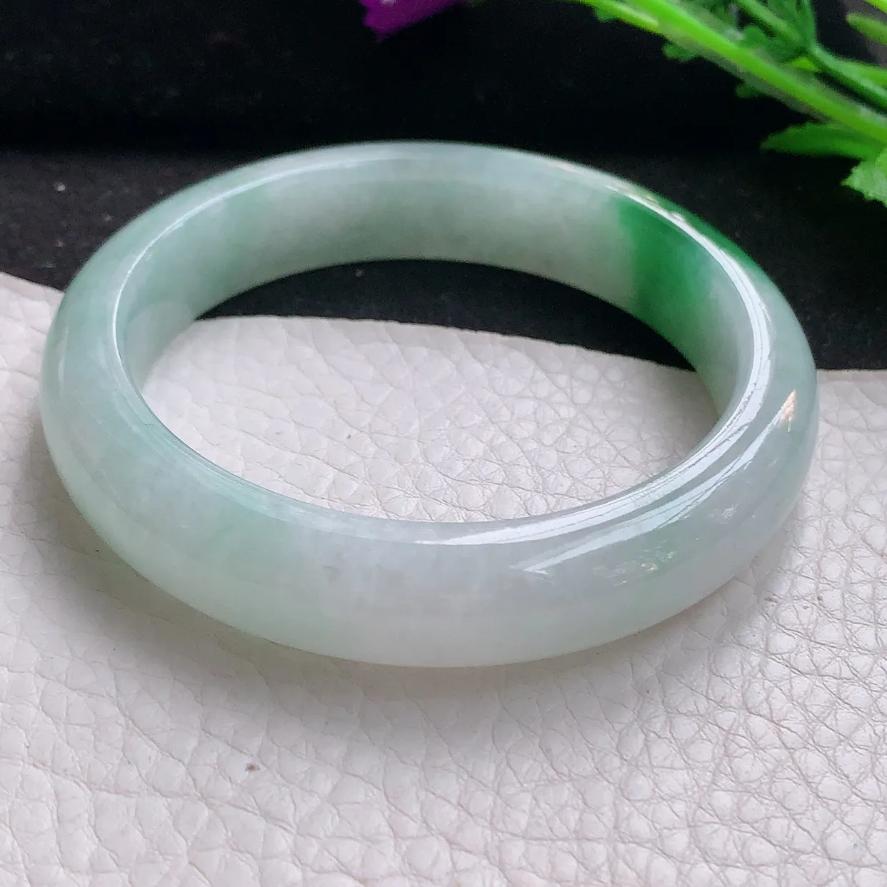 yh自然光58*13*8.5平安镯 翡翠玉手镯冰飘绿花宽边玉手环 美人镯