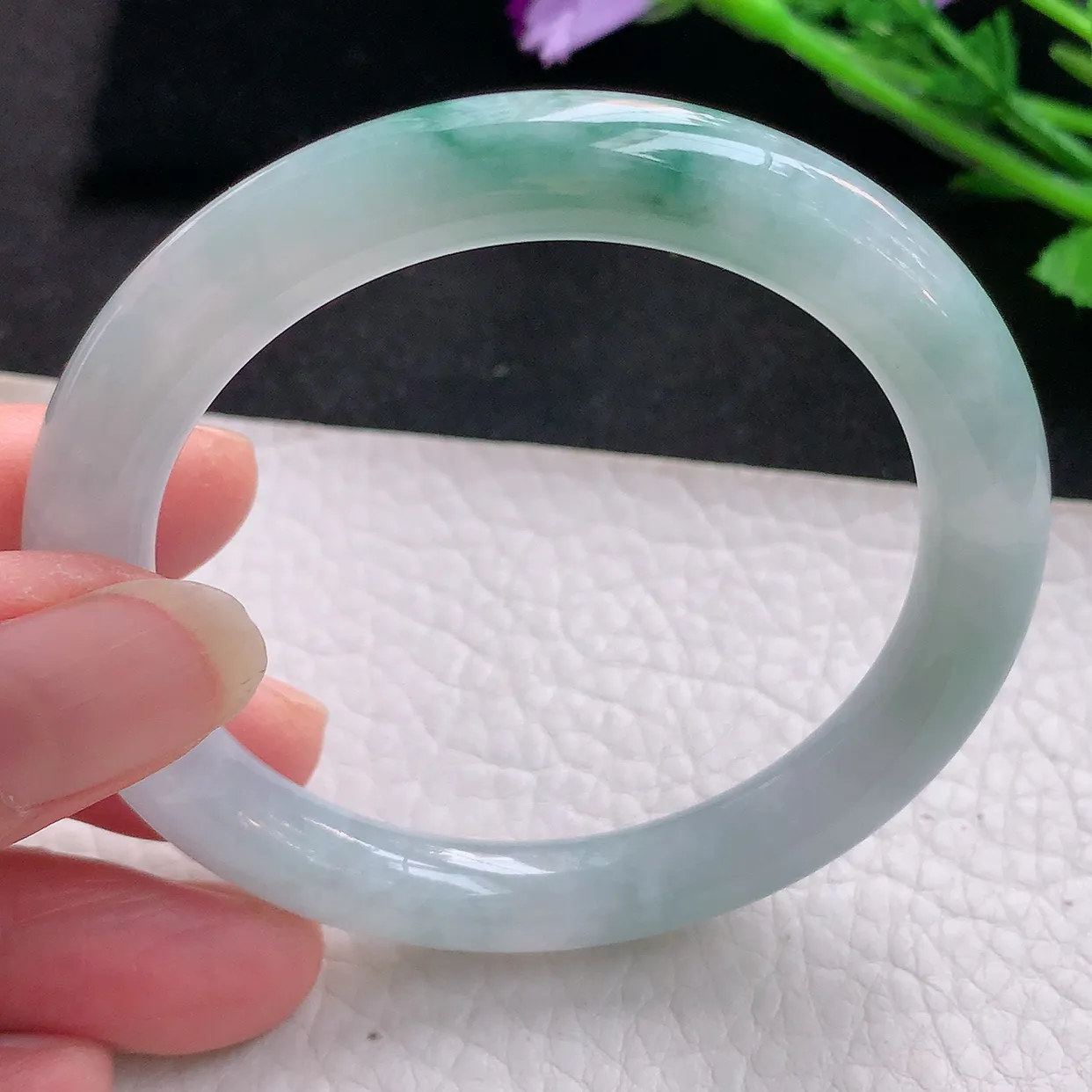 xh自然光53*8.6美人镯 翡翠玉手镯冰飘花圆条玉手环 美人镯